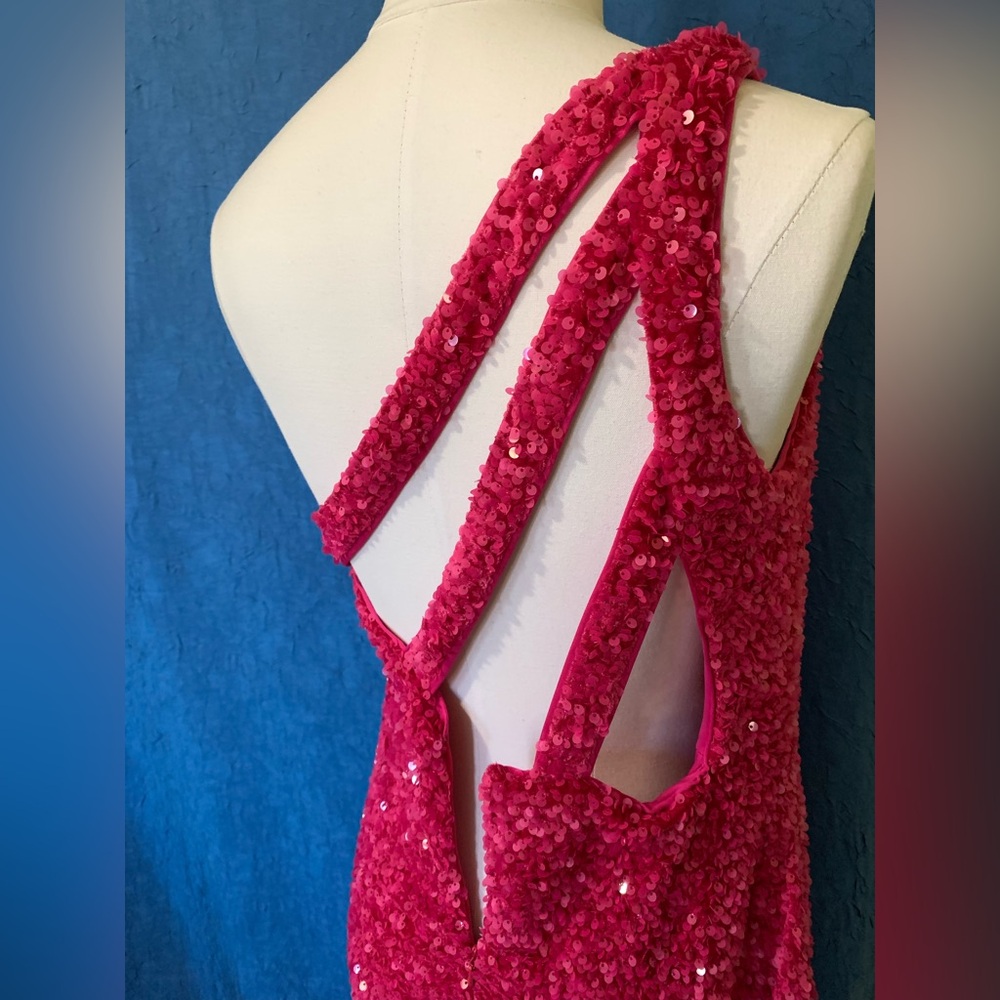 OneShoulder Column Sequin Gown Train Fuchsia Magenta Hot Pink Statement - Picture 7 of 15